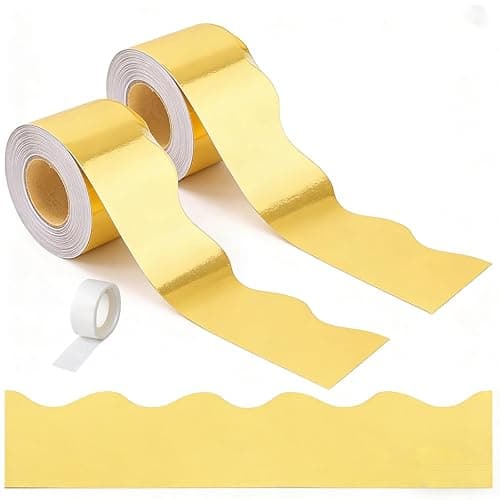 ONLOVO 65 Feet Gold Bulletin Board Borders, Scalloped Border Trim, Rolled Classroom Borders for Bulletin Board, White Board, Cork Board, Locker, and Classroom Décor Burlap Scalloped Border Trim - Image 1