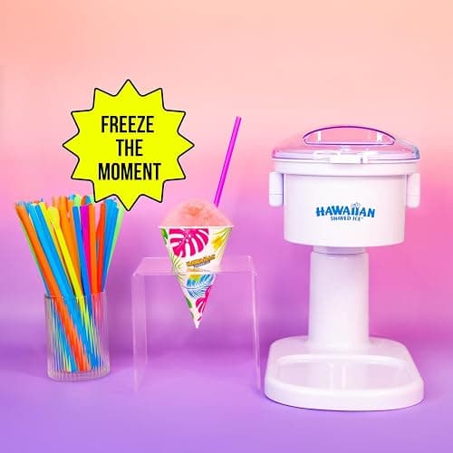 Hawaiian Shaved Ice S700 Kid-Friendly Snow Cone Machine Kit with 3-16oz. Syrup Flavors: Cherry, Grape, and Blue Raspberry, Plus 25 Snow Cone Cups, 25 Spoon Straws, and 3 Black Bottle Pourers thumbnail 5