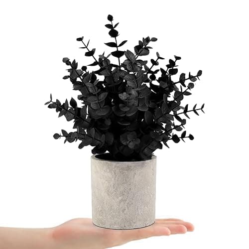 Coferset 2 Pack Small Fake Plants Eucalyptus Potted,Black | Halloween Black Artificial Plants for Bathroom Shelf Office Desk Home Farmhouse Room Coffee Table Tray Small Space Decor thumbnail 8