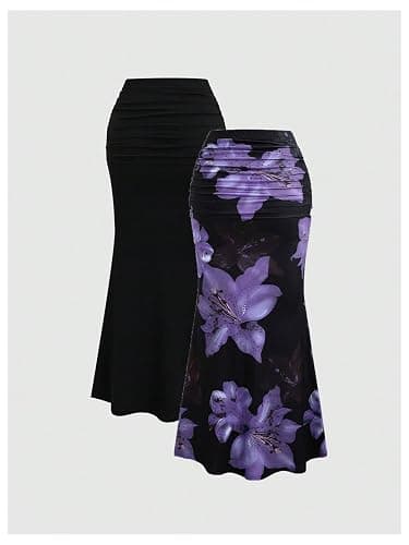 BEAUDRM Women's 2 Pack Fishtail Skirt Elegant Floral Ruched Skinny Bodycon Ruffle Long Skirts thumbnail 2