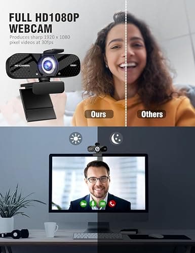 Catitru Full HD 1080P Webcam with Built-in Mic Wide Angle & Auto Focus Privacy Cover for PC/Laptop Plug & Play USB Camera Black thumbnail 3