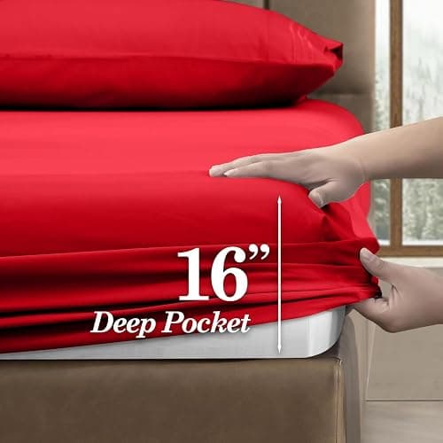 CELINE LINEN Premium 1800 Hotel Quality Wrinkle-Resistant 4-Piece Microfiber Sheet Set - Luxury Ultra Soft and Breathable Bedding 16 Inch Deep Pocket 4PC Sheet Set, Full, Red thumbnail 2