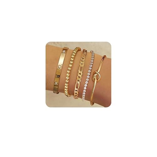 LOLIAS 5 Stück Armband Damen Gold 14 Karat Echtgold Armkette Manschetten Armband Hypoallergen Goldperlen CZ Tennis Armband Kette Stapelarmbänder Schmuck Gold Für Damen - Image 1