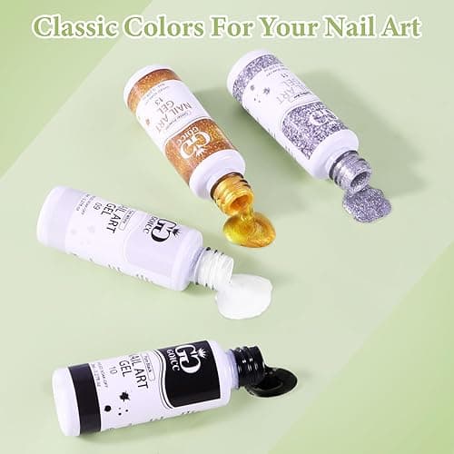 GOICC Gel Nail Art Polish Set with Thin Brush – 4 Colors White Gel Nail Polish Black Silver Glitter Liner for Nail Art Design French Tips Soak Off UV/LED 8ml thumbnail 3