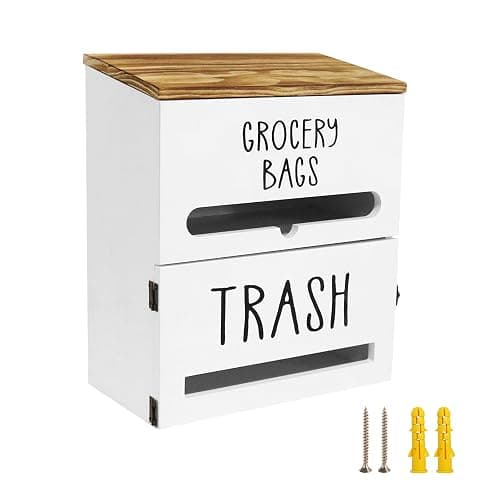 Liuceny 2 in 1 Trash Bag Dispenser, Double Wall Mounted,Wood Trash Bag Holder, used in kitchen, garage, laundry room, can store Environmentally friendly food bags and garbage bags (White) - Image 1