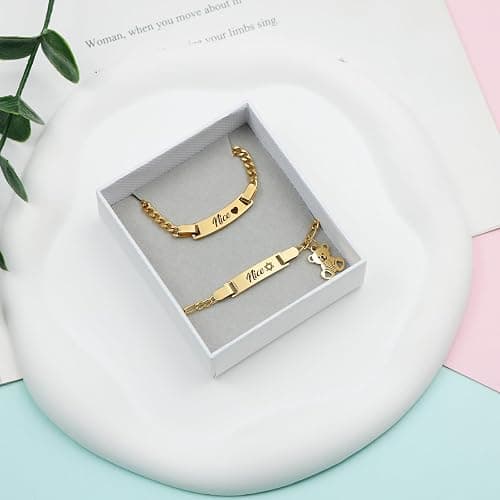 Malihome Personalized Bracelet & Necklace Set Custom Engraving Name/Text/Birth Date Stainless Steel Bracelets Gift for Baby Baptism Toddler New Mom thumbnail 4