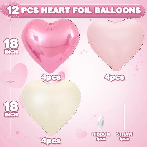 Pink White Heart Balloons,12Pcs Baby Pink Cream Heart Shaped Foil Balloons,18Inch Sand White Helium Balloon for Baby Shower Birthday Anniversary Wedding Party Decorations thumbnail 3