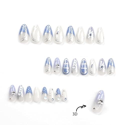 Blue Press on Nails Medium Almond Fake Nails Press ons with Designs Rhinestone Bow False Nails Glossy Full Cover Stick on Nails Charms Cute Acrylic Glue on Nails for Women Manicure 24Pcs thumbnail 3
