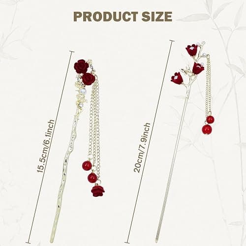 inSowni 8 Pieces Retro Vintage Asian Chinese Traditional Hanfu Gold Metal Rose Flower Butterfly Hair Pins with Bead Pendants Long Hair Sticks Forks Bun Updo Holders Hairpins for Women Girls thumbnail 2