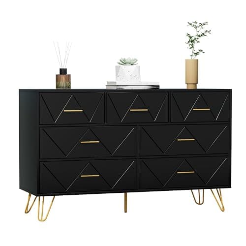 JOZZBY Dresser for Bedroom, 7 Drawer Black Wooden Dresser with Gold Handles, Modern Storage Dressers & Chests of Drawers for Hallway, Entryway thumbnail 9