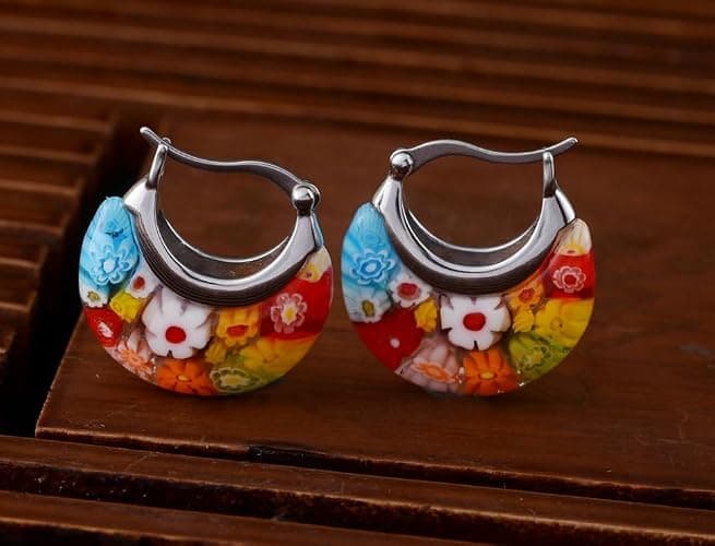 Murano Style Glass Hoop Earrings for Women Multicolored Dry Flower Moon Earrings Classic Stainless Steel Gift for Her thumbnail 7
