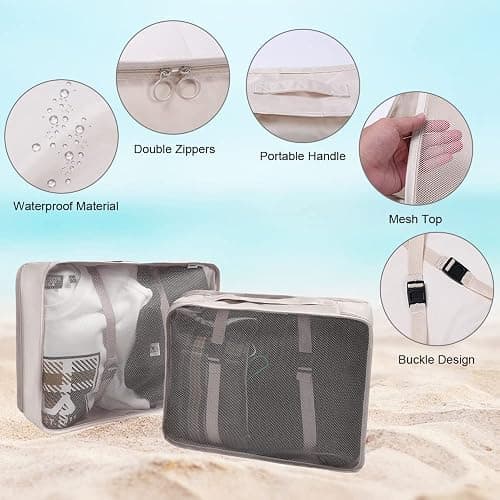 OSDUE Koffer Organizer Set 8-teilig, Packing Cubes, Wasserdichte Reise Kleidertaschen, Packtaschen für koffer, Verpackungswürfel mit Kosmetiktasche, Schuhbeutel, USB Kabel Tasche (Beige) thumbnail 3