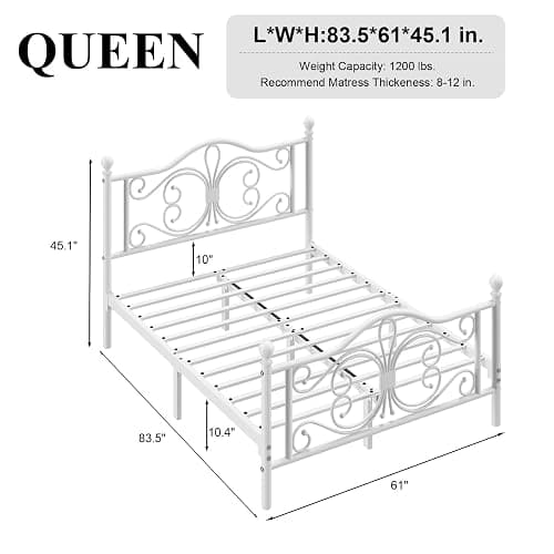 LoVinson Queen Bed Frame, Metal Platform Bed with Butterfly Pattern Design Headboard & Footboard, Heavy Duty Metal Slats, Easy Assembly, No Box Spring Needed, White thumbnail 2