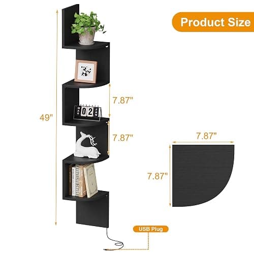 Qupui Corner Shelf Wall Mount with LED Light, 5 Tier Floating Corner Bookshelf, Plant Shelf for Bedroom, Floating Shelves for Wall, Display Stand for Living Room, Bathroom, Home Office, Black thumbnail 2