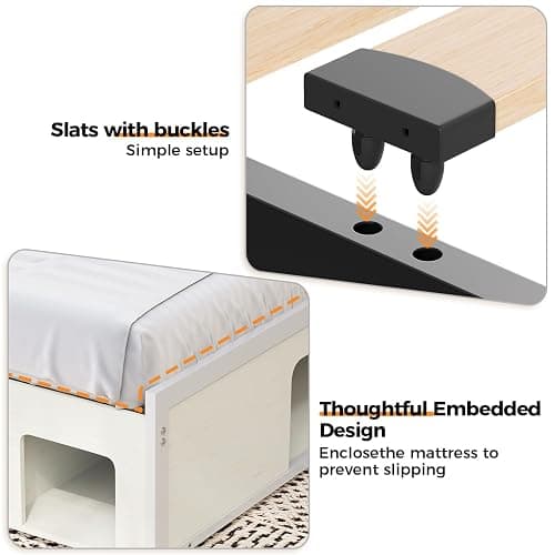 FUNKOCO Farmhouse Bedroom Set, Full Wood Bed Frame & Nightstands Set of 2 | 3-Piece Bed Frame with Cat & Dog Bed, Storage Headboard and 2 Drawers, LED Lights & Charging Station, No Box Spring Needed thumbnail 8