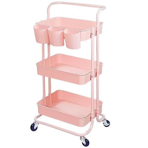 Lontenrea 3-Tier Multifunction Rolling Cart Utility Storage Shelves Cart with Hanging Cup Lockable Wheels and Handle for Office Living Room Kitchen Bathroom (Pink) - Image 1