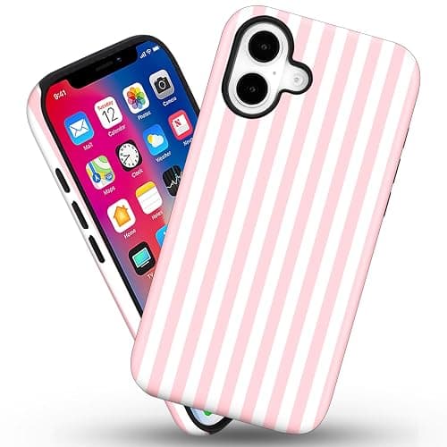 flewfun Magnetic for iPhone 16 Case Cute Stripes Phone Case, Shockproof Slim TPU and Hard PC Protective Phone Cover Compatible with MagSafe Designed for Women Girls, Pink and White thumbnail 2