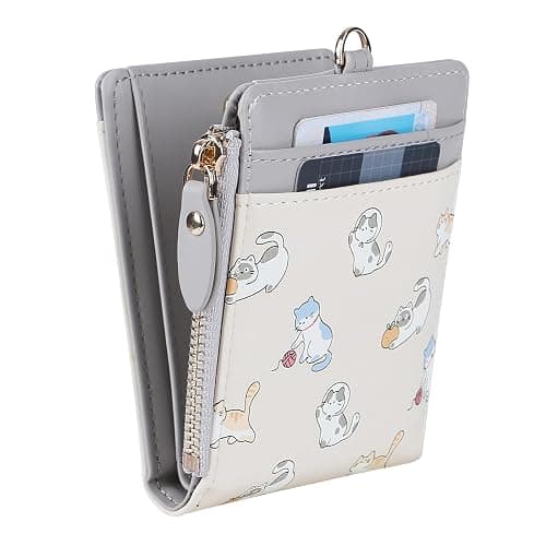 Cynure Women's Rfid Blocking Lanyard ID Credit Card Holder Compact Leather Bifold Wallet With Zipper Pocket, floral grey - Image 1