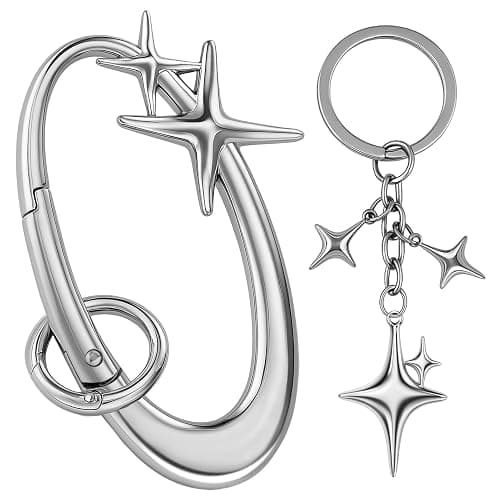 Zkptops 2Pcs Star Carabiner Keychain Cool Carabiner Y2K Keychain Aesthetic Star Moon Key Chain Silver Cute Fashion Key Chain Shiny Chrome Accessory for Car Keys Purse Handbag Backpack Bag Charms - Image 1