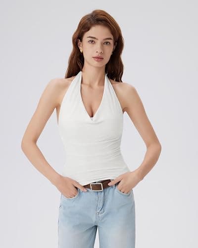 SUUKSESS Women Deep V Built in Bra Cowl Halter Tops Going Out Open Back Tank Tops thumbnail 3