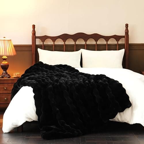 BENVWE Faux Fur Throw Blanket for Couch - Thickened Fluffy Soft Bubble Blanket for Living Room Home Decor - Fathers Day Birthday Gifts for Women Men, Black, 50" x 60",1300GSM thumbnail 7