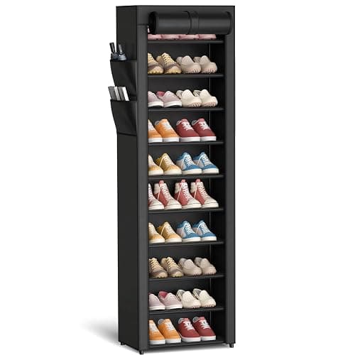 Kitsure Shoe Rack - 10-Tier Large Capacity Shoe Organizer Shelf with Dust Cover & Side Pockets, Rust-Proof Metal Shoe Rack for Closet, Entrance, Living Room, 17.5" x 12.4" x 69.3", Black - Image 1