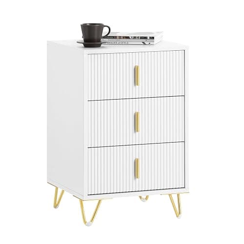 SoBuy Bedside Table 40cm Wide with 3 Drawers & Elegant Gold Handles Bedroom | Wooden metal nightstand with anti-tip device & protective foot pads, modern gold white design, 40x40x63.5 cm, FBT115-L-W - Image 1