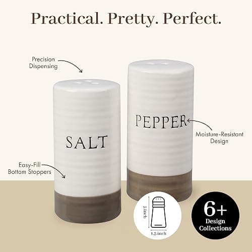 Young's Inc. Farmhouse Ceramic Salt and Pepper Shaker Set - Cute Kitchen Table Accessories and Decor, Small 3-Inch Modern White Rustic Dining Table Decor for Everyday Dining and Gift Giving thumbnail 4