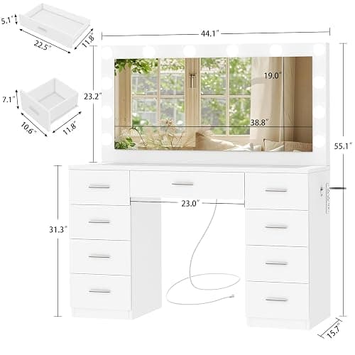 FIONESO Vanity Desk with Glass Top & Lights Mirror, 3 Adjustable Lighting Color, Makeup Vanity with 9 Drawers and 12 LED Lights, Dressing Table for Bedroom, Vanity for Girls, White thumbnail 2