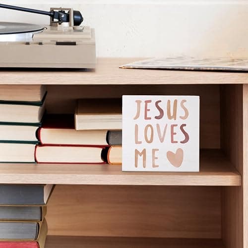 FLVGE Baby Girls Nursery Decor - Jesus Loves Me Christian Gifts Wood Sign Wall Art Decoration, Boho Neutral Bible Verse Kids Boys bookshelf Decorations, Toddler Girls Room Decor 5x5 thumbnail 6