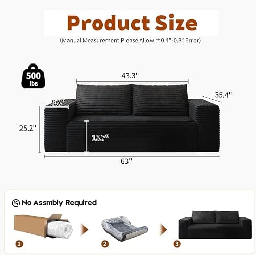 63" Cloud Loveseat Sofa, Boneless Deep Seat Corduroy 2-Seater(Black) | No assembly required; foam-filled floor design; space-efficient footprint for living rooms, apartments, bedrooms, and studios thumbnail 2