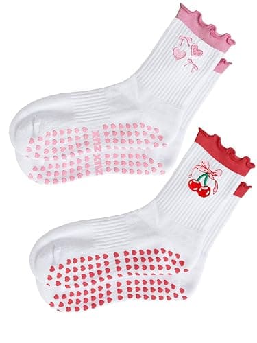 Puedizux Women Cute Pilates Socks Grip Crew Yoga Socks Ruffle Cuff Embroidery Pattern Workout Ballet Socks - Image 1