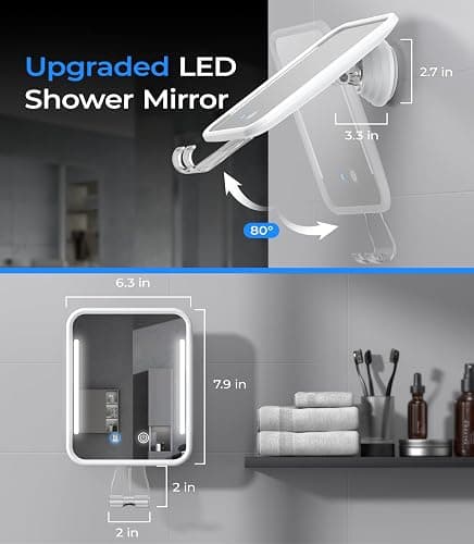 Gospire Heated Shower Mirror Fogless for Shaving with Light, 5000mAh Rechargeable Battery, Detachable Suction Cup and Razor Holder for Wall, NO-Drilling, Removable, Waterproof for Bathroom - White thumbnail 2
