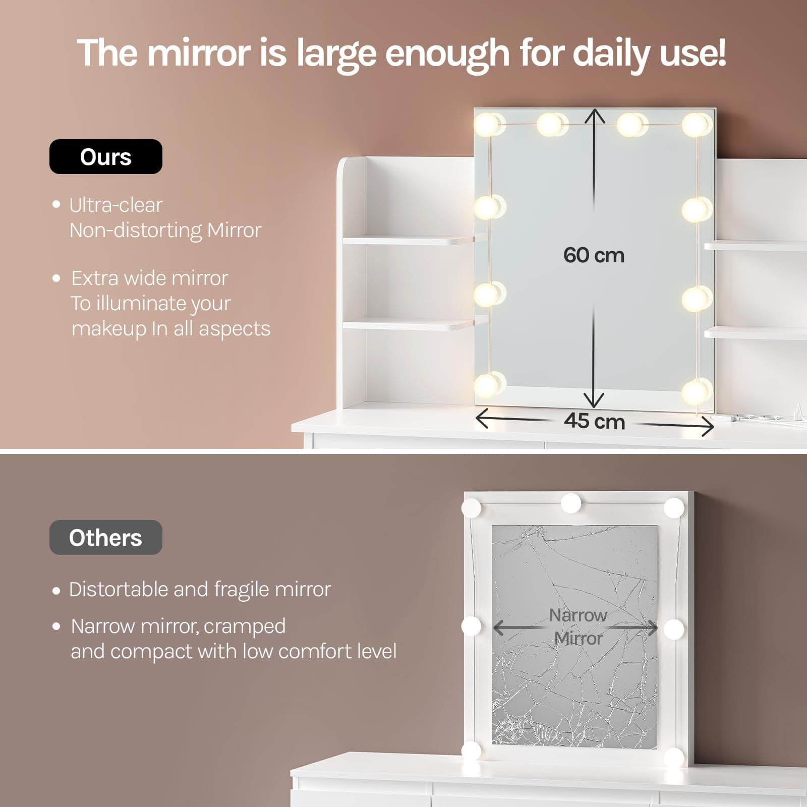WOLTU 10-Bulb Dressing Table, LED String Light White Vanity Unit with Mirror, Power Strip, 2 Drawers, 4 Shelves, 90 x 40 x 135 cm, MB6123ws thumbnail 7