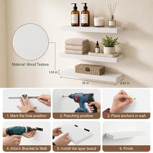 VESTRIAN Floating Shelves for Wall, White Wall Mounted Wood Shelves Set of 3, 16 Inch Rustic Storage Shelves for Bathroom, Bedroom, Living Room, Kitchen Decor, 22 lbs Capacity (White) thumbnail 5
