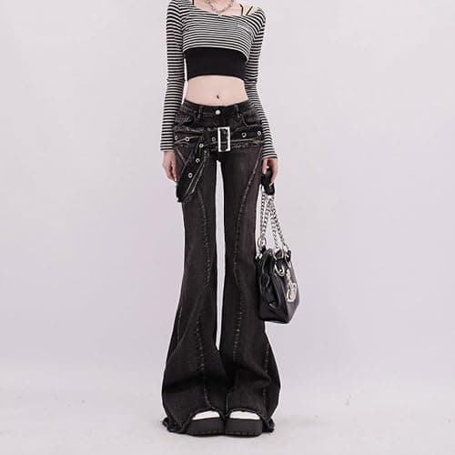 MEOKIM Women's Micro Flared Jeans Punk Y2k Gothic Style Waistband with Frayed Edge Design, Slimming Straight Leg Pants thumbnail 2