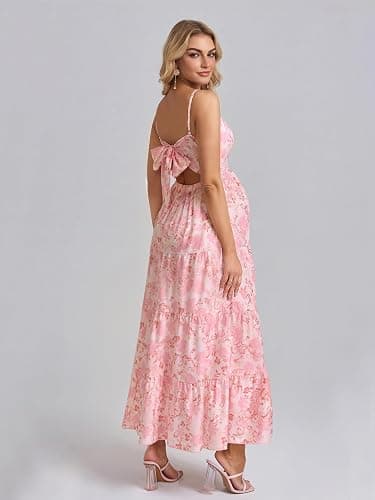 HTZMO Maternity Floral Summer Maxi Dress Bow Tie V Neck Baby Shower Photoshoot Casual Boho Long Sundress for Women thumbnail 5