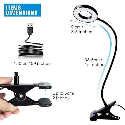 KNAMKY USB LED Desk Lamp Clip On Light, 3 Light Mode 10 Dimmable Brightness Eye Caring Book Adjustable for Reading Studying Working Video Conference Lighting (Black) - Black thumbnail 5