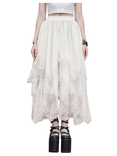 SHENHE Women's Lace Trim Layered Mesh Tulle Skirt High Waist Asymmetrical Long Goth Skirt thumbnail 6