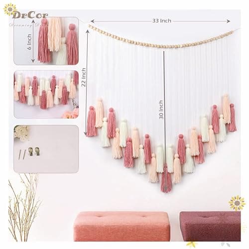 DrCor Blush Pink Boho Macrame Wall Hanging – Handmade Rose Gold Tassel Decor for Nursery, Dorm, Baby Shower, Wedding & Cozy Fall Home or Classroom Display thumbnail 3