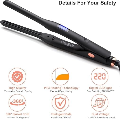 Hair Straightener Pencil Flat Iron, Ceramic Mini Small Flat Iron for Short Hair, Beards & Pixies thumbnail 3