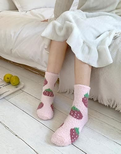 Kelabia 5 Pair Cute Floral Fuzzy Socks, Women Fluffy Slippers, Cottagecore Winter Thick Cozy Vintage Long Socks thumbnail 4