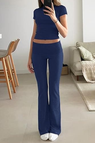 YETOWA Women's 2 Piece Lounge Outfits Slim Short Sleeve Tops Low Rise Flare Leggings Sets Yoga Sweatsuit thumbnail 4