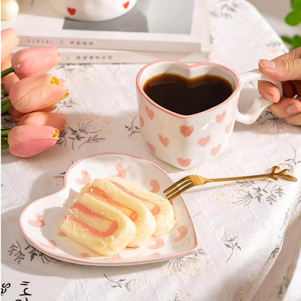 WAIT FLY Heart Shaped Ceramic Coffee Mug Set with Saucer, Tea Cup, Breakfast Cup, Dessert Plate-Pink-8 OZ thumbnail 3