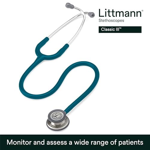 3M Littmann Classic III Monitoring Stethoscope, 5623, More Than 2X as Loud, Weighs Less, Stainless Steel Chestpiece, 27" Caribbean Blue Tube thumbnail 2