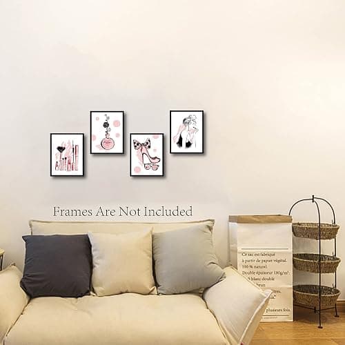 CREATCABIN 4pcs Mode Toile Mur Art Imprimer Affiche Ensemble Rose Talons Hauts Fleurs Parfum Maquillage Maison Mur Art Oeuvre Moderne pour Dressing Chambre Salle Bains Filles 8 x 10 Pouces thumbnail 2