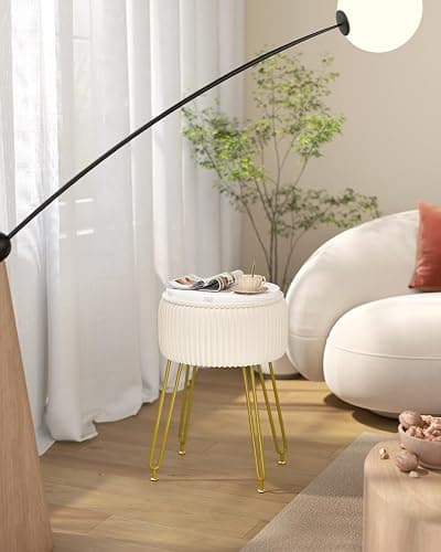 IBUYKE Velvet Storage Footrest Stool Ottoman, Makeup Vanity Stool Side Table with Golden Steel Legs Removable Cover, Coffee Table Top Cover, Creamy-White LG-20M thumbnail 5