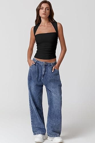 QINSEN Womens Square Neck Tank Tops Side Ruched Double Lined Slim Fit Summer Going Out Crop Top thumbnail 7