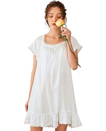 Nanxson Women's Cotton Nightgown Short Sleeve Sleepwear Vintage Nightshirt | Summer Victorian Sleepdress,White Sleepshirt,U Neck Lace Loungewear,Soft Nightshirt,Loose Loungedress,Bride Nightwear thumbnail 3