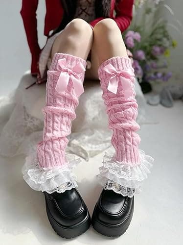 SQYZRZ Women's Knit Leg Warmers Y2K Knit Leg Warmers Lolita Bow Lace Trim Knee-High Leg Sleeve Socks thumbnail 2